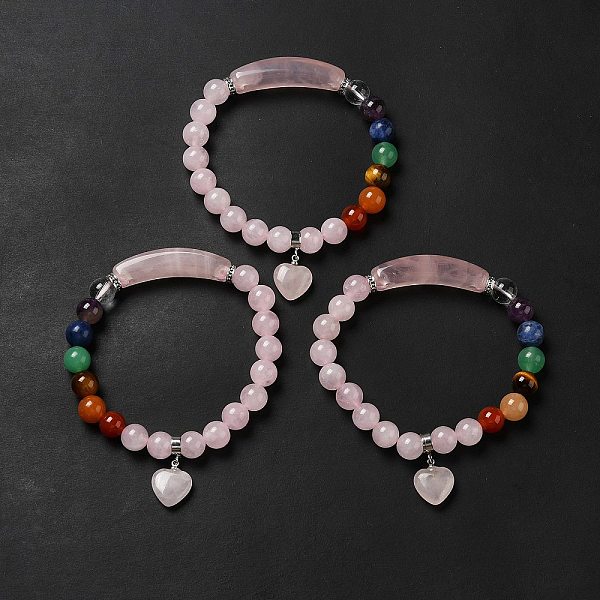 

PandaHall Natural Rose Quartz & Mixed Gemstone Beaded Stretch Bracelet with Heart Charm for Women, Inner Diameter: 2-1/8 inch(5.5cm) Rose...