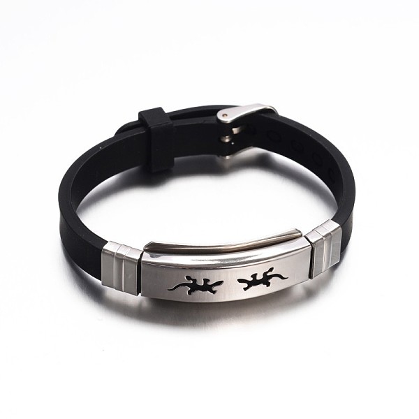 

PandaHall Jewelry Black Color Rubber Cord Bracelets, with 304 Stainless Steel Findings and Watch Band Clasps, Rectangle with Gecko...