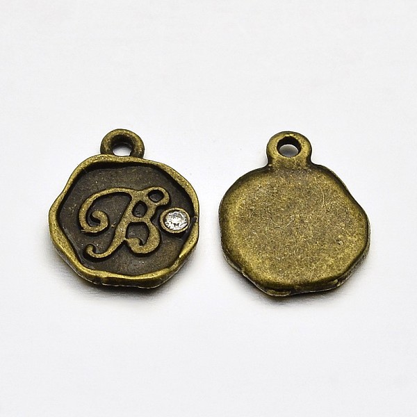 

PandaHall Antique Bronze Plated Alloy Rhinestone Charms, Flat Round with Letter.B, Nickel Free, 13x10x1.5mm, Hole: 1mm Alloy+Rhinestone..., Clear