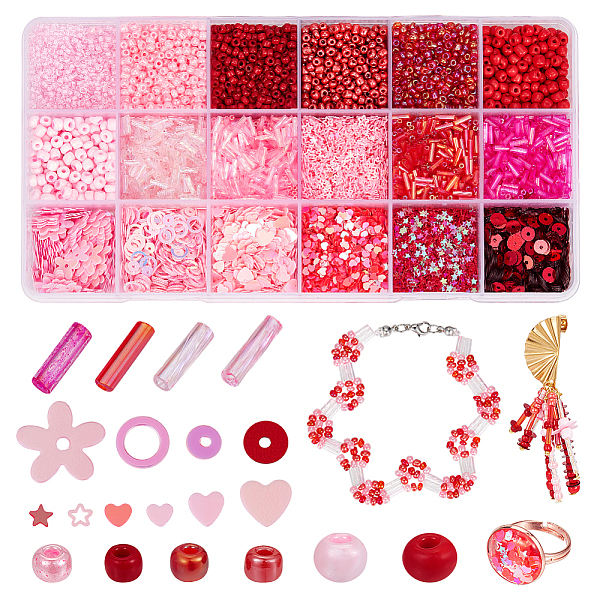 DIY Beads Jewelry Making Finding Kit, Including PVC Plastic Paillette/Sequins Beads, Glass Round & Bugle Beads, Pink