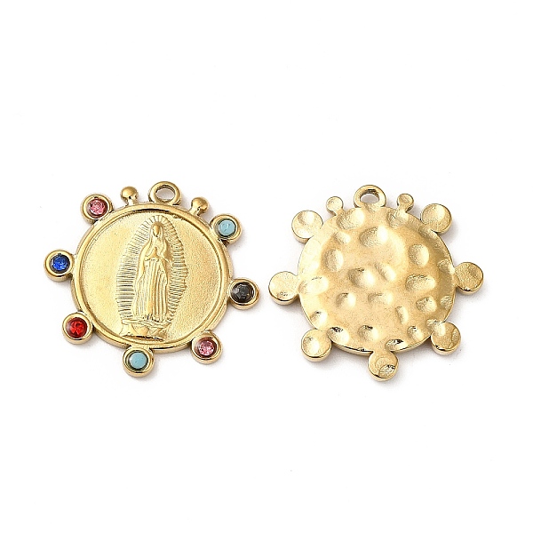 

PandaHall Colorful Rhinestone Pendants, with 201 Stainless Steel Findings, Sun with Virgin Mary Charms, Real 18K Gold Plated, 20x21x2mm...