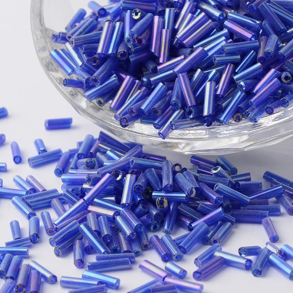 

PandaHall Transparent Colours Rainbow Plated Glass Bugle Beads, Round Hole, Royal Blue, 6~7x1.5~2mm, Hole: 0.5mm, about 12500pcs/bag Glass...