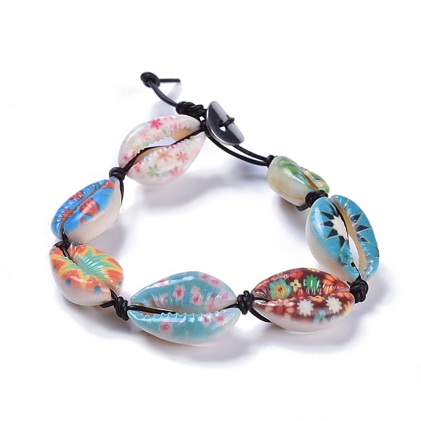 

PandaHall Printed Cowrie Shell Bead Bracelets, with Cowhide Leather Cord and 304 Stainless Steel Buttons, Colorful, 8-1/4 inch(21cm) Shell
