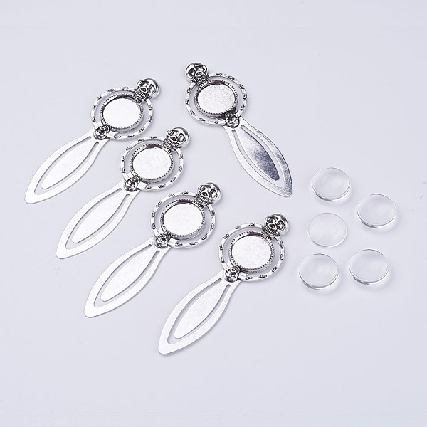 

PandaHall DIY Retro Skull Bookmark Making Kit for Halloween, Including Alloy Cabochon Settings, Glass Cabochons, Mixed Color, 2pcs/set Alloy