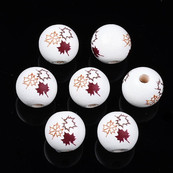 

PandaHall Autumn Theme Printed Natural Wood Beads, Round with Maple leaf, Dark Red, 15.5x14.5mm, Hole: 4mm Schima Wood Leaf