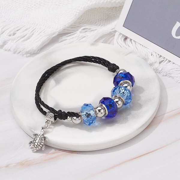 

PandaHall Faceted Glass European Beads Cord Bracelet, Turtle Charm Adjustable Bracelet for Teen Girl Women, Antique Silver, Blue, Inner...