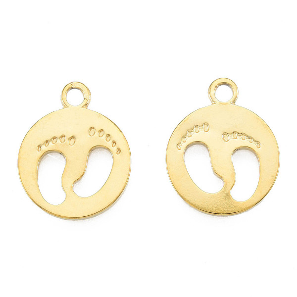 

PandaHall Ion Plating(IP) 201 Stainless Steel Pendants, Flat Round with Footprints, Real 18K Gold Plated, 18.5x15x1.5mm, Hole: 1.8mm 201...