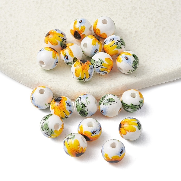 

PandaHall Handmade Porcelain Beads, Round with Sunflower Pattern, Yellow, 8mm, Hole: 1.8mm Porcelain Round Yellow