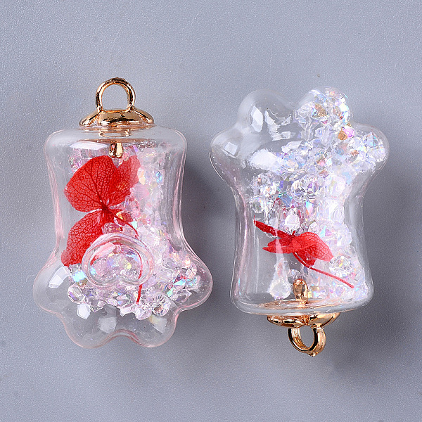 

PandaHall Bear Paw Transparent Glass Pendants, with Dried Flower & Resin Rhinestones inside, Plastic CCB Cup Pearl Peg Bails Pin Pendants..., Red