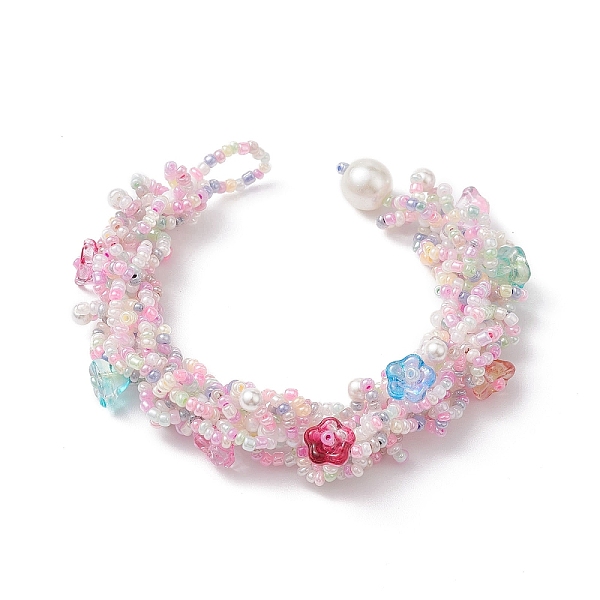 

PandaHall Flower Glass Seed Braided Beaded Bracelets, with Shell Pearl Beads, Colorful, 7-1/4x5/8 inch(18.5x1.5cm) Glass Flower