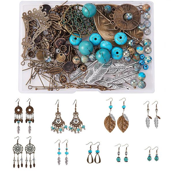 

PandaHall DIY Retro Charm Drop Earring Making Kit, Including Alloy Pendant & Link & Beads & Bead Cap, Synthetic & Natural Mixed Stone Beads...