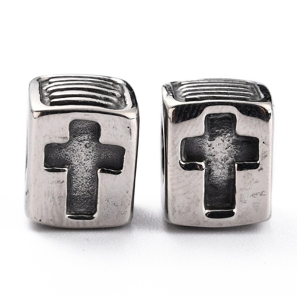 PandaHall 304 Stainless Steel Beads, European Style Beads, Large Hole Beads, Cuboid with Cross, Antique Silver, 11x9x8.5mm, Hole: 5.5mm 304...