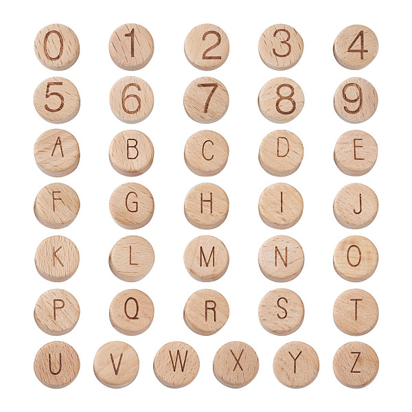 PandaHall Beechwood Beads, Flat Round, Number 0~9 & Letter A~Z, Bisque, 72pcs/bag Wood Flat Round Orange