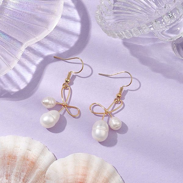 Bowknot Natural Freshwater Pearl Dangle Earrings