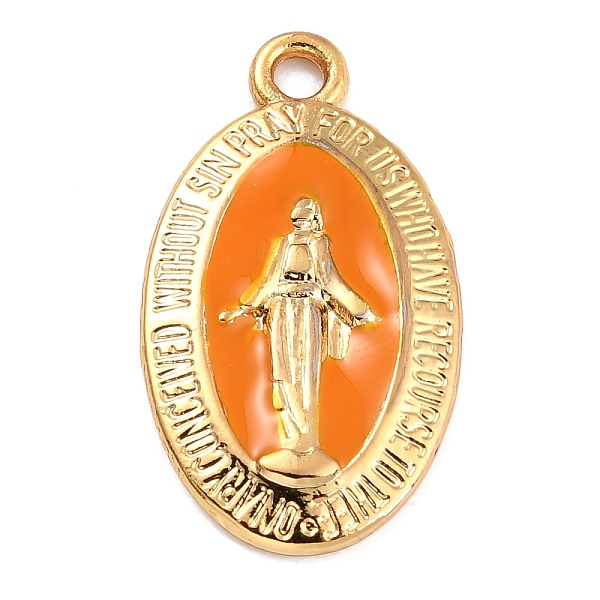 

PandaHall Golden Alloy Enamel Pendants, Long-Lasting Plated, Our Lady of the Miraculous Medal, Oval, Orange, 21x12x1.5mm, Hole: 1.7mm...