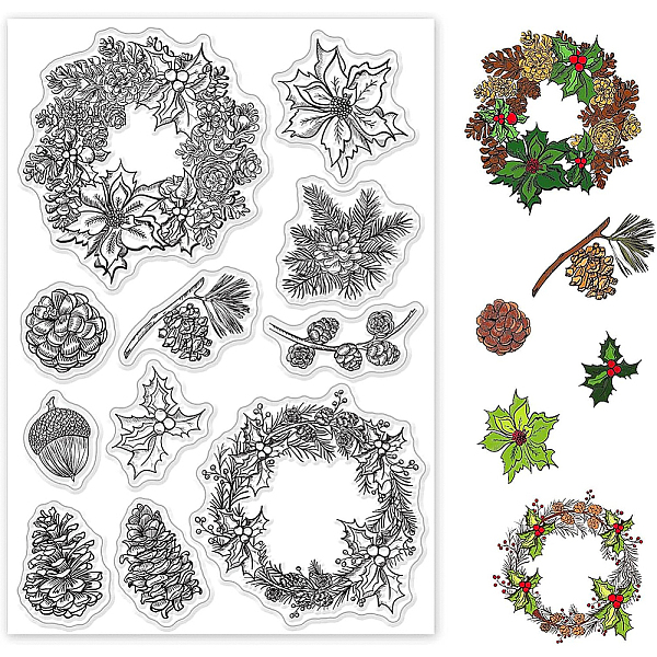 

PandaHall BENECREAT Pinecone Patterns PVC Plastic Stamps, 16x11cm Christmas Holly Leaf Garlands Transparent Rubber Seal Stamps for DIY...