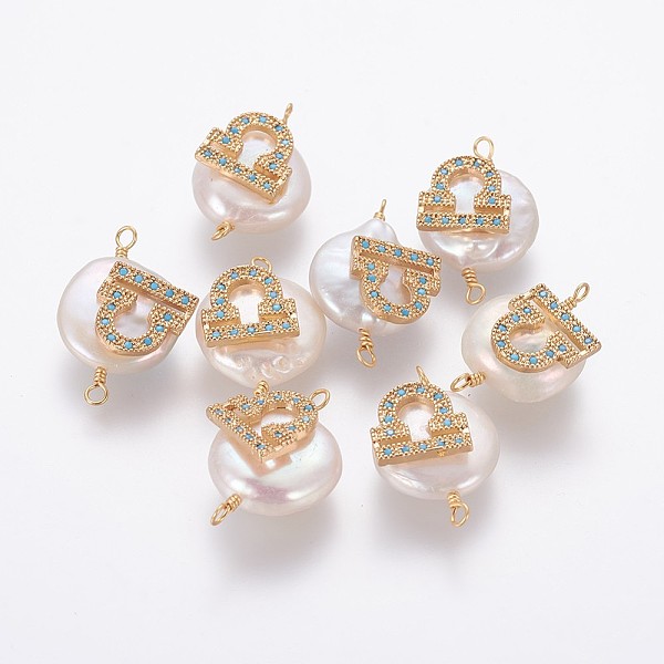 

PandaHall Natural Pearl Links connectors, with Brass Micro Pave Cubic Zirconia Findings, Flat Round with Constellation, Golden, Deep Sky..., Blue