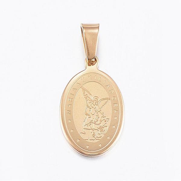 PandaHall 304 Stainless Steel Pendants, Flat Oval with Archangel Michael, Golden, 21x13x1.5mm, Hole: 7x4mm 304 Stainless Steel Oval