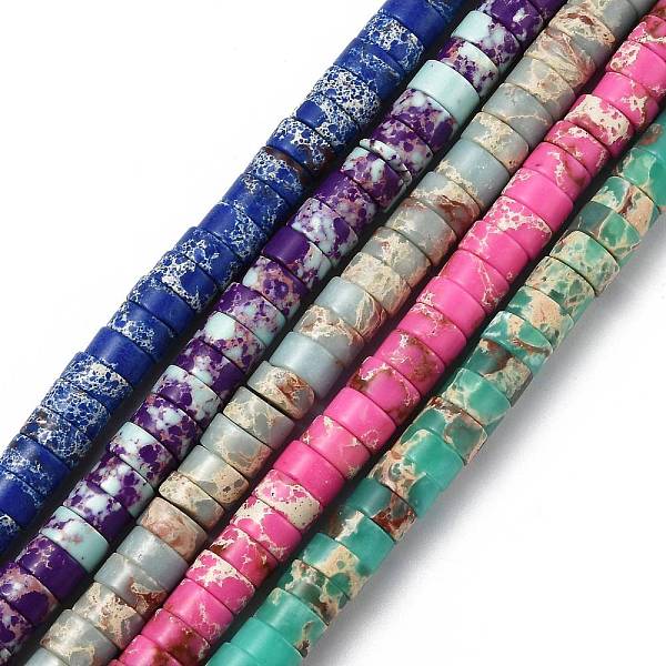 

PandaHall Synthetic Imperial Jasper Beads Strands, Dyed, Flat Round/Disc, Heishi Beads, Mixed Color, 8x4mm, Hole: 1.2mm, about 86pcs/strand..., Multicolor