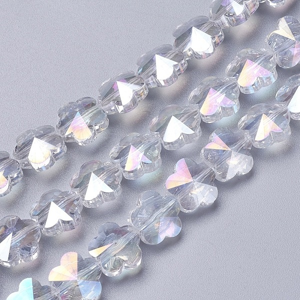 

PandaHall Electroplate Glass Beads Strands, Faceted, Flower, AB Color Plated, Clear, 9.5~10x6~6.5mm, Hole: 1mm, about 25pcs/strand, 9.25...