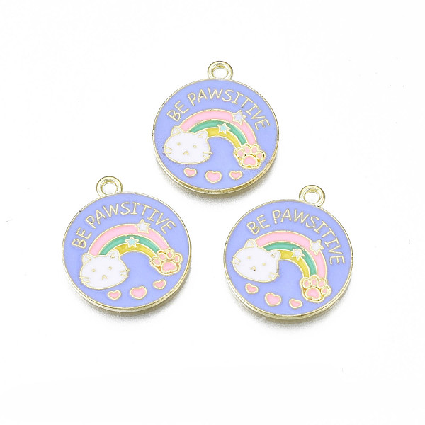 

PandaHall Alloy Enamel Pendants, Cadmium Free & Lead Free, Flat Round with Cat with Rainbow, Pink, 23x20x1.5mm, Hole: 1.8mm Alloy+Enamel..., Purple