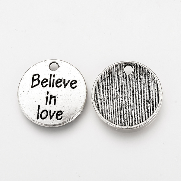 

PandaHall Tibetan Style Alloy Pendants, Flat Round with Phrase Believe in Love, Cadmium Free & Nickel Free & Lead Free, Antique Silver...
