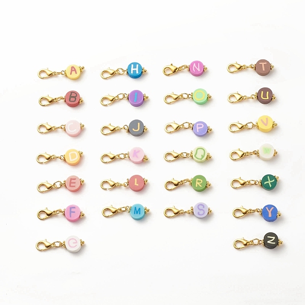 

PandaHall Handmade Polymer Clay Pendant Decorations, with Zinc Alloy Lobster Claw Clasps, Alphabet, Flat Round with Capital Letter, Golden..., Multicolor