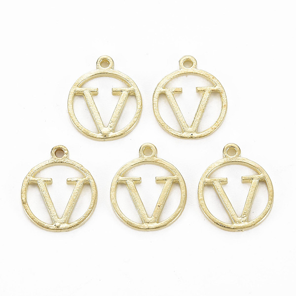 

PandaHall Alloy Charms, Cadmium Free & Nickel Free & Lead Free, Circular Ring with Letter V, Light Gold, 14.5x12x1mm, Hole: 1.2mm Alloy Ring