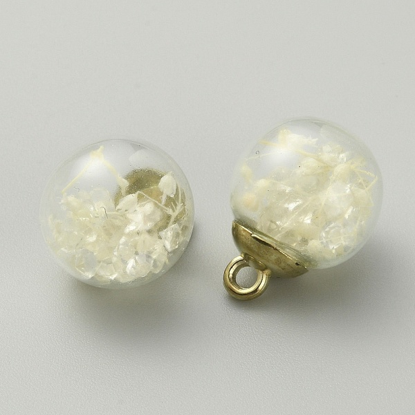 

PandaHall Transparent Glass Globe Pendants, with Dried Flower Inside and Golden ABS Plastic Pendant Bails, Round, Light Yellow, 21x16mm...