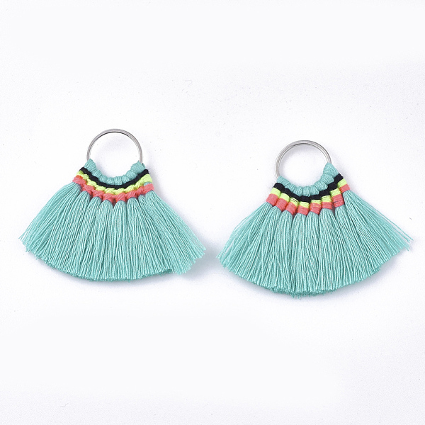 

PandaHall Polycotton(Polyester Cotton) Tassel Pendant Decorations, with Brass Findings, Fan, Platinum, Turquoise, 40~45x48~57x3mm, Hole..., Green