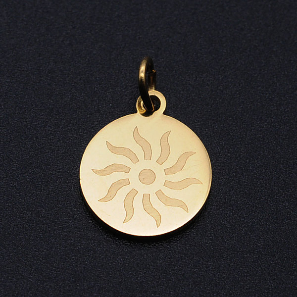 

PandaHall 201 Stainless Steel Charms, with Jump Rings, Flat Round with Sun, Golden, 14.5x12x1mm, Hole: 3mm 201 Stainless Steel Flat Round