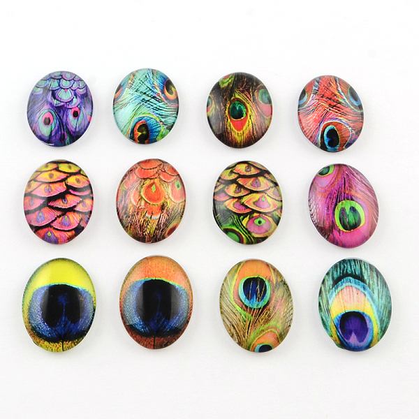

PandaHall Peacock Feathers Pattern Glass Oval Flatback Cabochons for DIY Projects, Mixed Color, 25x18x5mm Glass Oval Multicolor