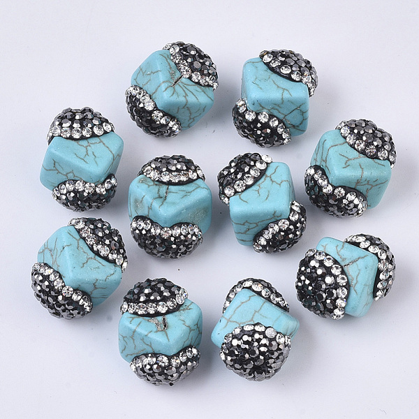 

PandaHall Synthetic Turquoise Beads, with Polymer Clay Rhinestones, Cube, Turquoise, 17x15x13.5mm, Hole: 1mm, PP12(1.8~1.9mm) Synthetic..., Green