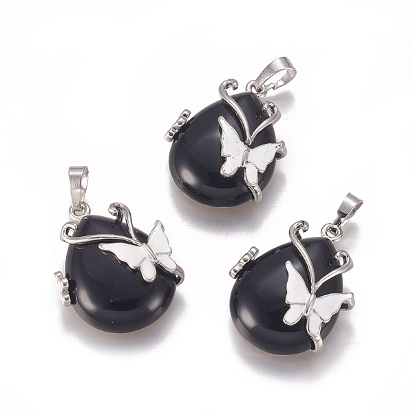 

PandaHall Natural Black Obsidian Pendants, with Enamel and Brass Findings, teardrop, with Butterfly, Platinum, 30x23.5x12mm, Hole: 10x6mm...