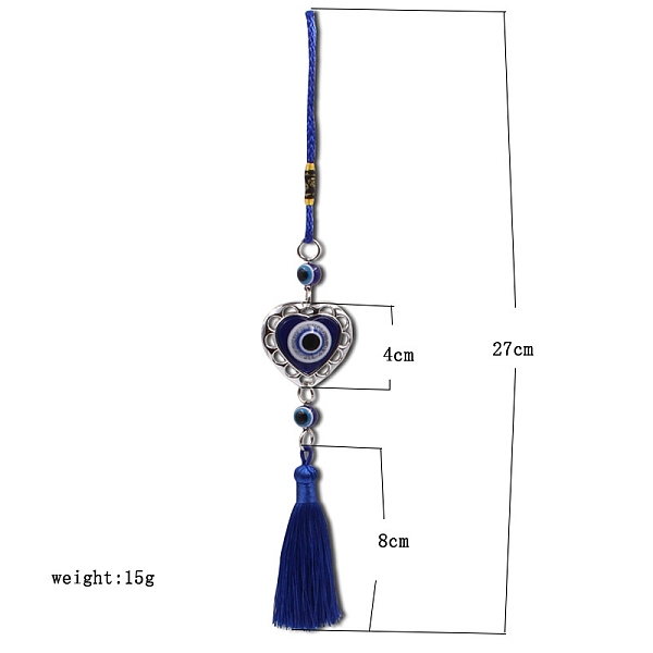 

PandaHall Handmade Lampwork & CCB Blue Evil Eye Hanging Ornaments, Tassels for Car Decorations, Heart, 270mm Lampwork Heart