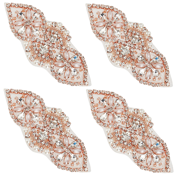 

PandaHall Alloy Glass Rhinestone Cloth Cabochons, Costume Accessories, Appliques, Flower, Rose Gold, 41x96~102x7mm Rhinestone Flower Clear