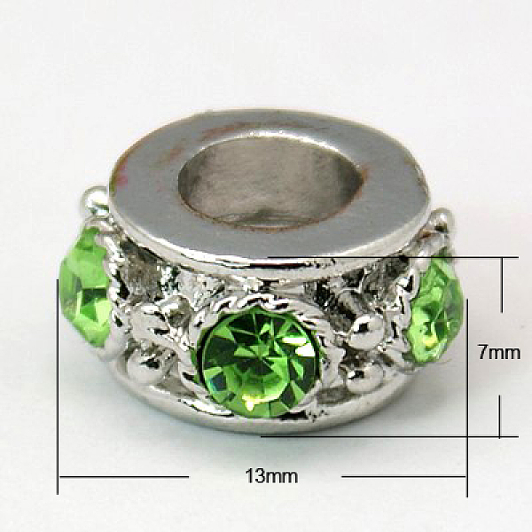 

PandaHall Alloy Rhinestone European Beads, Grade A, Column, Platinum, Peridot, 13x7mm, Hole: 5mm Alloy+Rhinestone Column Green