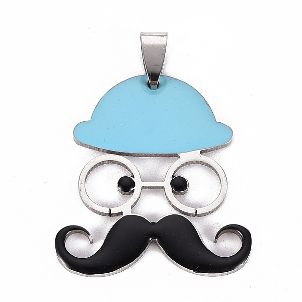 

PandaHall 201 Stainless Steel Enamel Pendants, Human with Mustache and Hat, Sky Blue, 35x31.5x2mm, Hole: 8x4mm Stainless Steel+Enamel Human