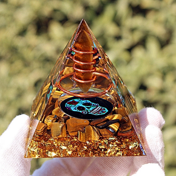 PandaHall Orgonite Pyramid, Resin Ornaments with Natural Tiger Eye, for Home Office Desktop Decoration, 60x60x60mm Tiger Eye Pyramid
