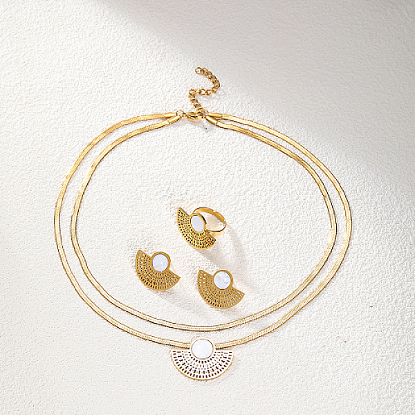 

PandaHall Fan Shape Golden Stainless Steel Jewelry Set, Stud Earrings & Adjustable Ring & Herringbone Chains Double Layer Necklace, White...