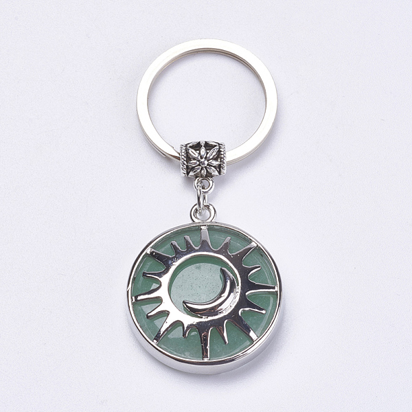 

PandaHall Natural Green Aventurine Keychain, with Brass Finding, Flat Round with Sun & Moon, 64mm Green Aventurine Flat Round Multicolor