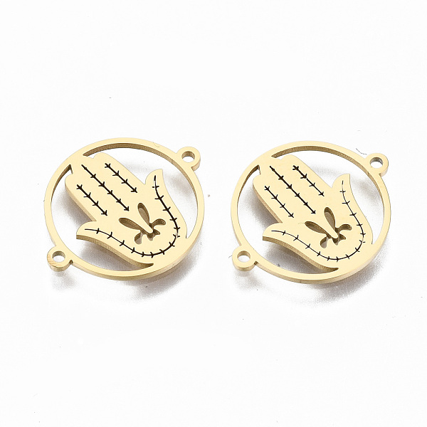 

PandaHall 304 Stainless Steel Links Connectors, Laser Cut, for Religion, Flat Round with Hamsa Hand/Hand of Fatima/Hand of Miriam, Real 18K...