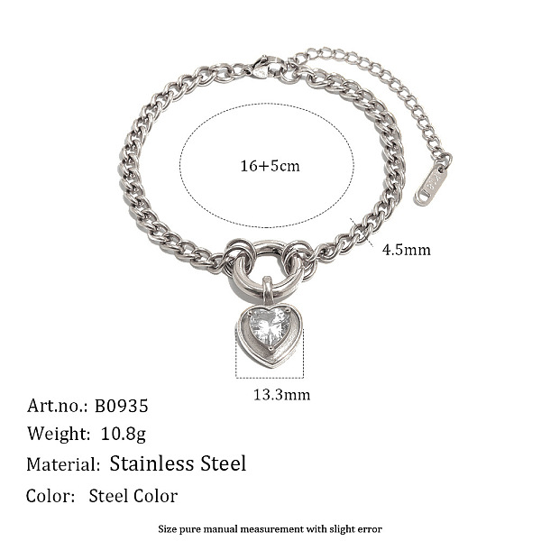Bracelet en acier inoxydable 304 avec pendentif cœur en zircon cubique transparent
