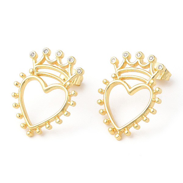 

PandaHall Clear Cubic Zirconia Hollow Heart with Crown Stud Earrings, Rack Plating Brass Jewelry, Lead Free & Cadmium Free, Real 18K Gold...