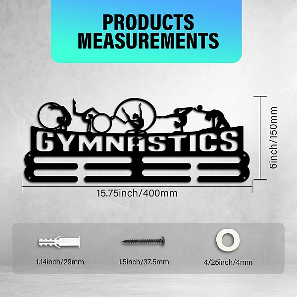 

PandaHall Iron Medal Hanger Holder Display Wall Rack, with Screws, Gymnatics, Sports, 150x400mm Iron Sports Black