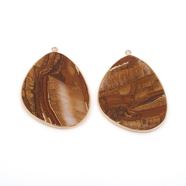

PandaHall Natural Tiger Eye Pendants, with Brass Findings, Golden, 42x30.5x1.5~2mm, Hole: 1.6mm Tiger Eye Others