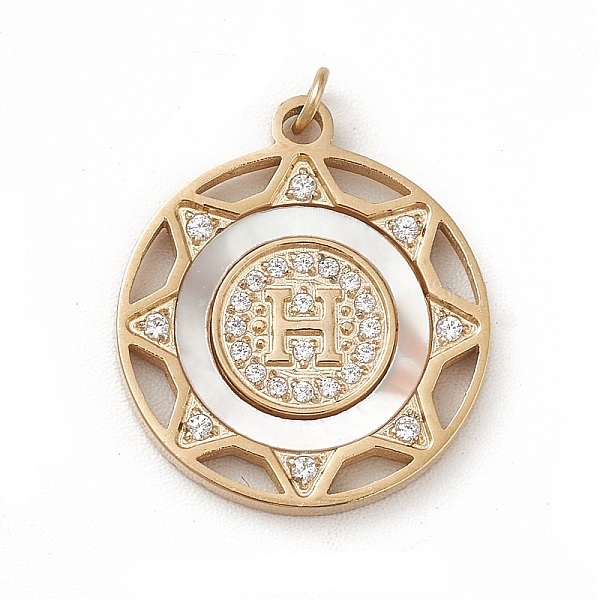 

PandaHall Ion Plating(IP) 304 Stainless Steel Micro Pave Clear Cubic Zirconia Pendants, with Jump Ring & Shell, Flat Round with Sun &...