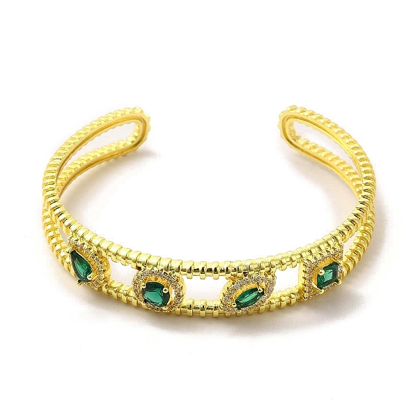 

PandaHall Square & Teardrop & Horse Eye Glass Open Cuff Bangle with Cubic Zirconia, Golden Brass Jewelry for Women, Dark Green, Inner...