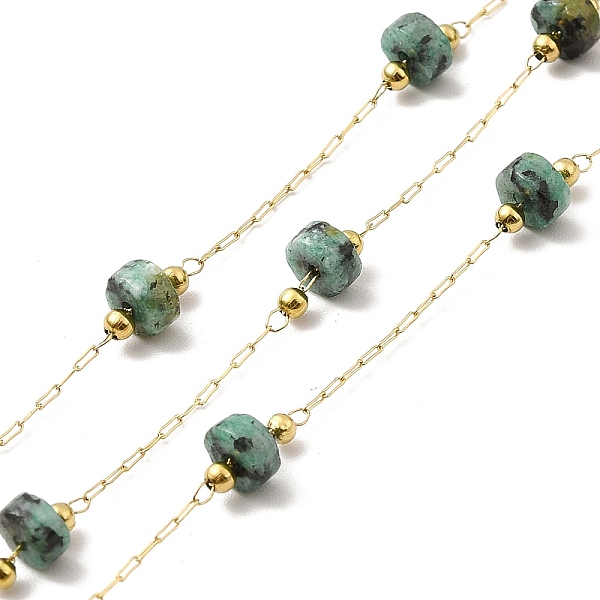 

PandaHall Ion Plating(IP) 316 Surgical Stainless Steel Paperclip Chains, with Natural African Jade Column Beads, Soldered, Real 18K Gold...