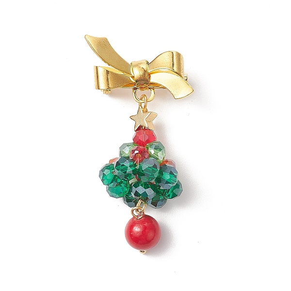 

PandaHall Christmas Theme Glass Beaded Tree Brooch, Golden Brass Bowknot Lapel Pin for Backpack Clothes, Colorful, 58mm Glass